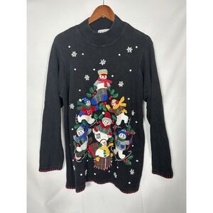 Vintage 90s Oversized Christmas Sweater Size L Snowmen Ice Skating Embroidered
